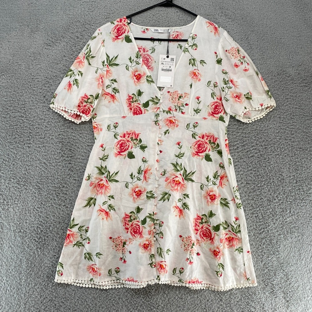 Zara Linen Dress Womens XL Floral Short Romance Babydoll Dainty Cottagecore